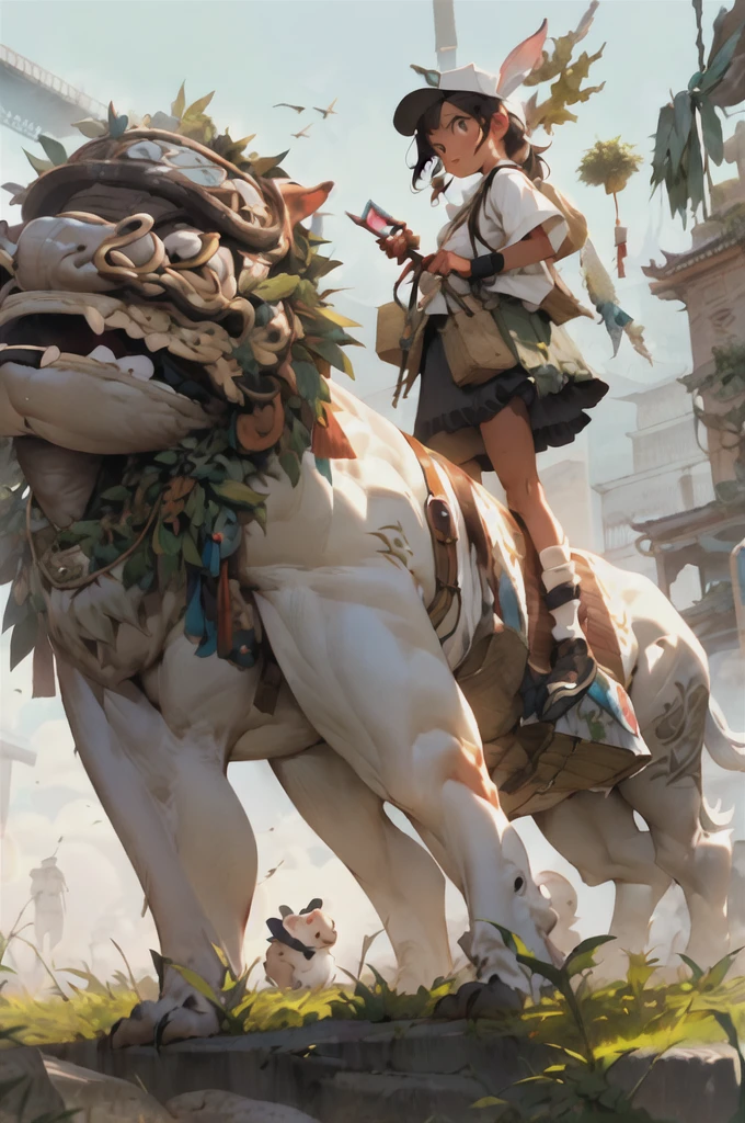 girl, letterboxed, holding, outdoors, bird, standing, cloud, indian sage, weapon, from behind, sky, cloudy sky, animal, holding weapon, airavat white elephant, monster, 1other, hat, fog,  