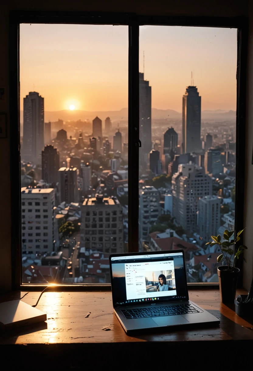 a beautiful girl anime an senior software developer hard work from home, next to her is a laptop, behind her is a window overlooking the city, there is sunlight, Soft lighting and Warm, sunrise, morning, score_9,score_8_up,score_7_up,fine details in everything, KOREAN,KPOP,
portrait,(shadows:1.4),night,Dark Alleyways