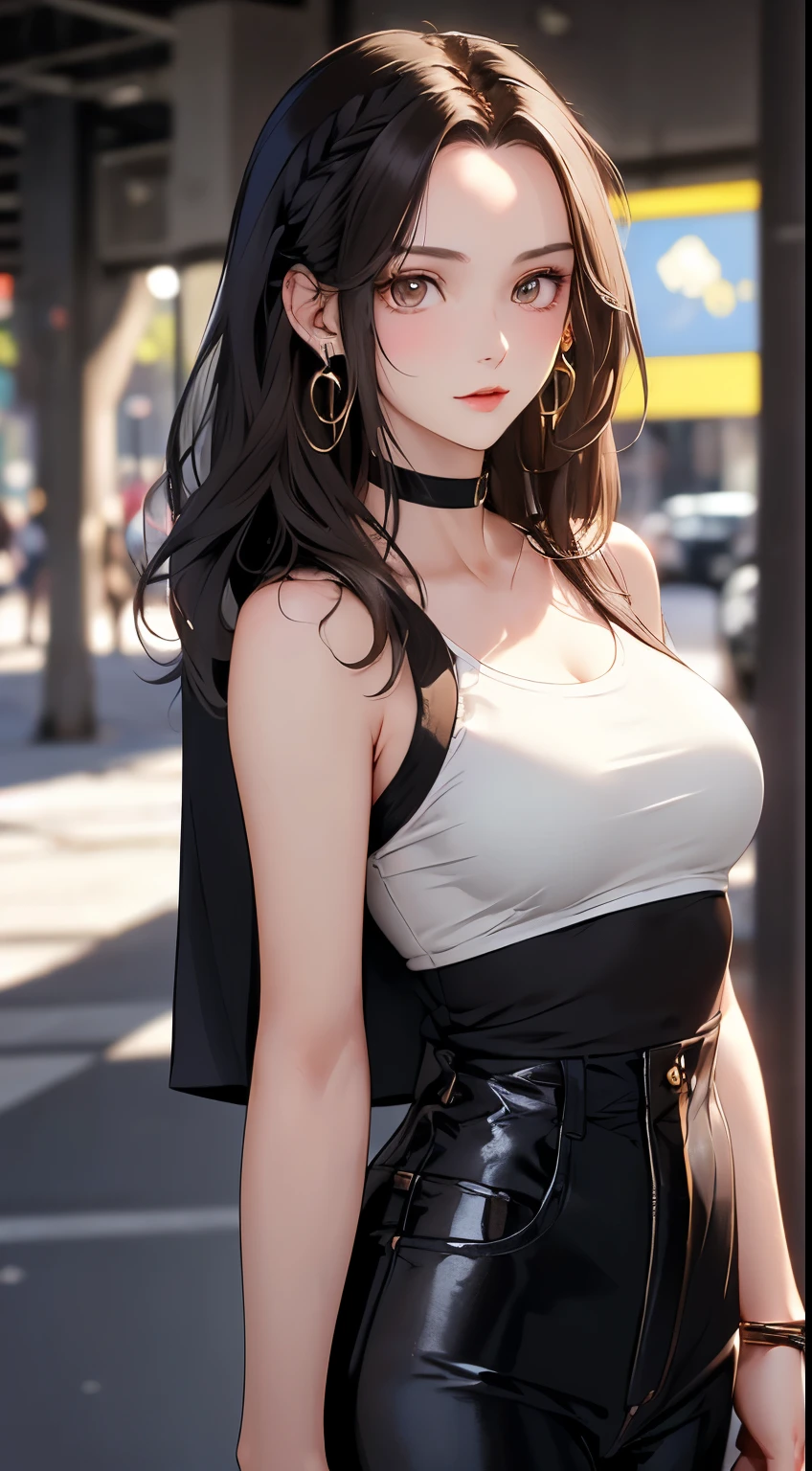 masterpiece, highest quality, pixiv, cool girl, lots of earrings, earrings, dark brown hair, (medium hair:1.8, forehead:1.6), dull bangs, straight bangs, gray eyes, white skin, gal, Improve, (big breasts)