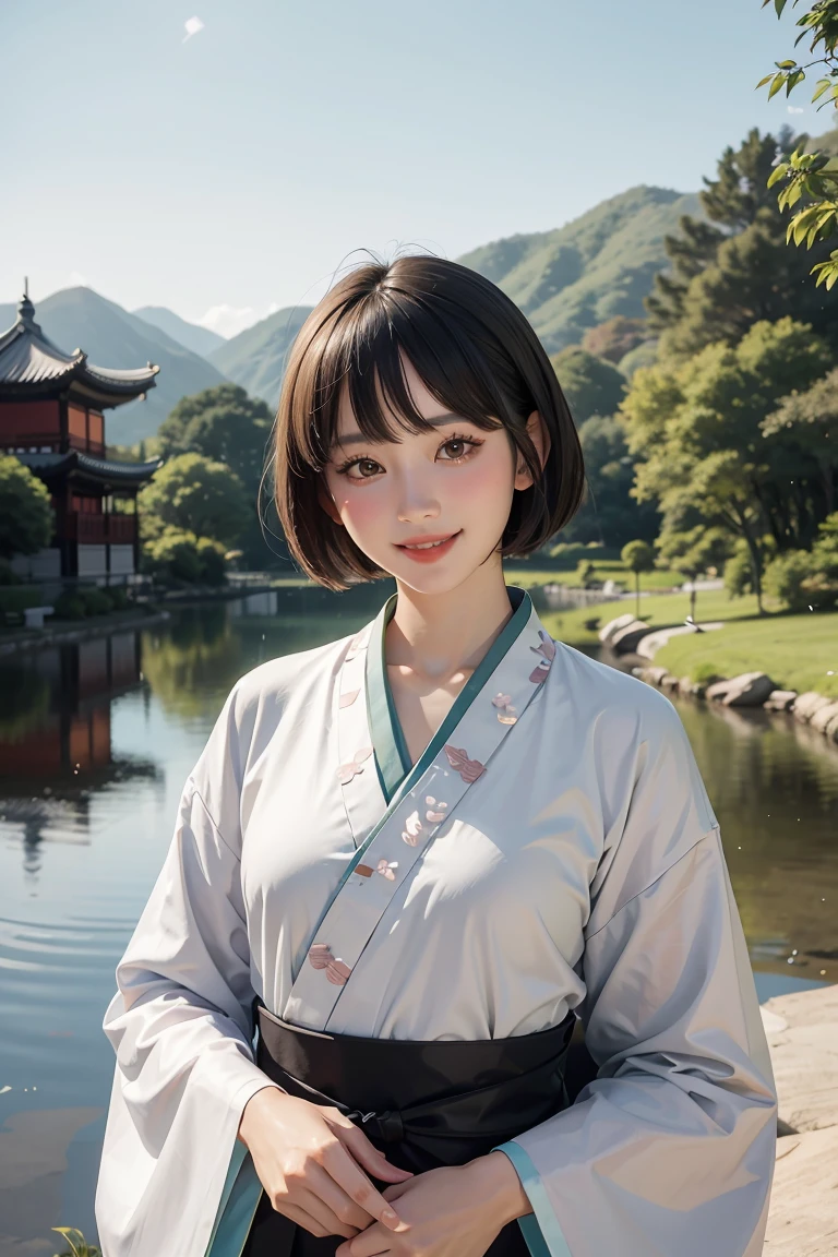 (masterpiece),best quality,good anatomy, shuimobysim,(1 girl:1), (upper body),(smile),short hair,(hanfu),(ecchi0.5), (trees:0.5), (flowers:0.6) ,(wooden house:0.2),(bamboo forest:0.2),(creek:0.2),(river:0.2), 