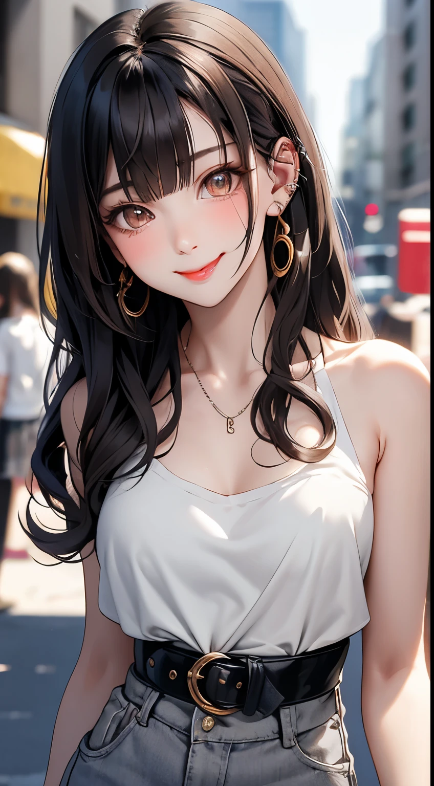 masterpiece, best quality, PIXIV, cool girl, lots of piercings, earrings, dark brown hair, curly hair, blunt bangs, straight bangs, gray eyes, pale skin, gal, gyaru, cute face, sticking out tongue, smile