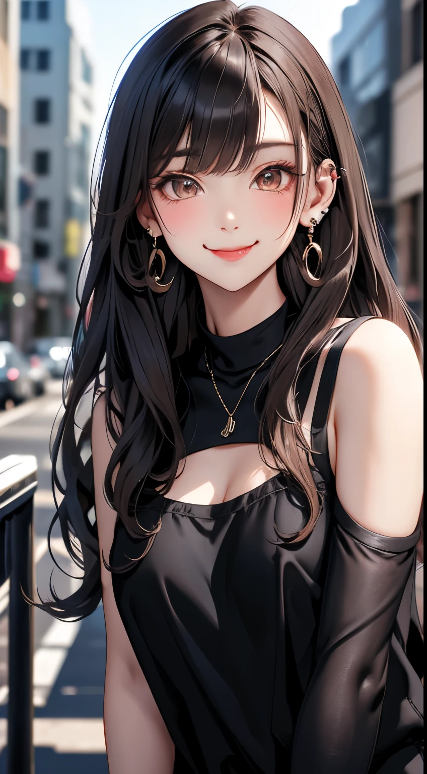 masterpiece, best quality, PIXIV, cool girl, lots of piercings, earrings, dark brown hair, curly hair, blunt bangs, straight bangs, gray eyes, pale skin, gal, gyaru, cute face, sticking out tongue, smile
