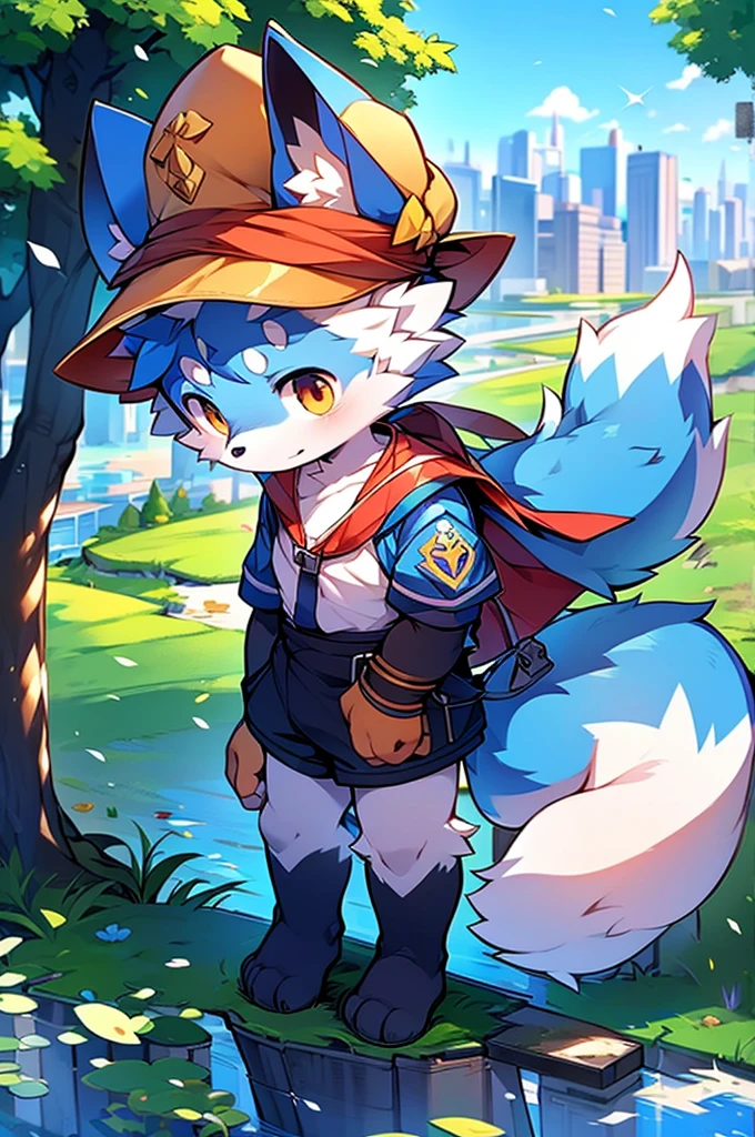 Blue fur, Canine, fox motif, boy, uniform,expensive,One person,Stand up on your own feet,expensive,Cityscape,expensive,,Rural Scenery,Rice field scenery,