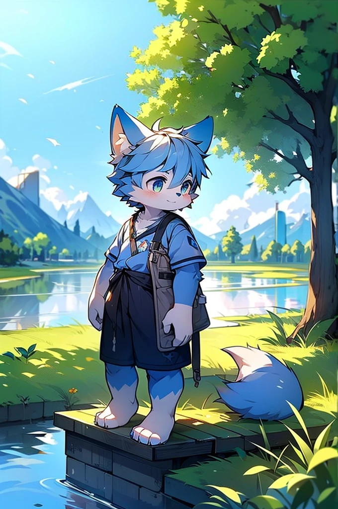 Blue fur, Canine, fox motif, boy, uniform,expensive,One person,Stand up on your own feet,expensive,Cityscape,expensive,,Rural Scenery,Rice field scenery,