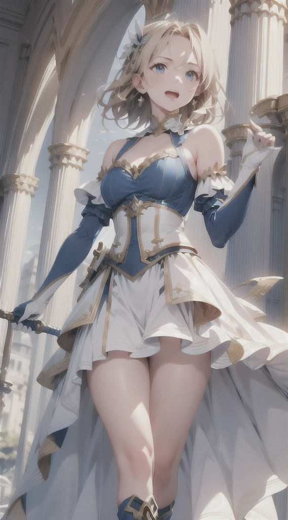 masterpiece,best quality,High resolution,1 Girl,movie lighting,dramaticangle,Depth of Field,Blonde hair,blue eyes,Hair accessories,Clothing 1,clavicle,Bare shoulders,Separate sleeves,long skirt,Breastplate,High Leg Raise,Thick thighs,Gloves,boots,banner,Keep,sunrise,dawn,Flock,sunlight,open mouth,victory,A symbol of hope,sword,Serious,Holding a spear，portrait，Classical European Background