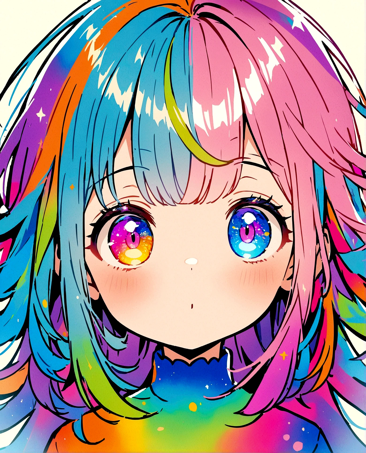 One girl, Hastune Mick, cute, colorful, Lovely, Close face, Face the viewer, Please open your eyes, High resolution, cyan hair color, colorful galaxy eyes, Side view, looking at the camera, cute, young, Long Hair, Fascinating, Face facing up