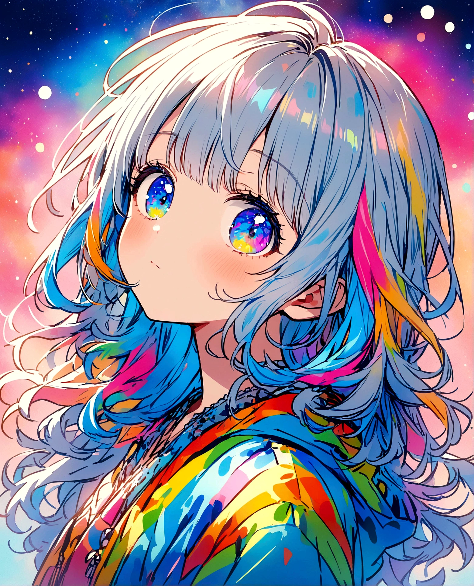 One girl, Hastune Mick, cute, colorful, Lovely, Close face, Face the viewer, Please open your eyes, High resolution, cyan hair color, colorful galaxy eyes, Side view, looking at the camera, cute, young, Long Hair, Fascinating, Face facing up