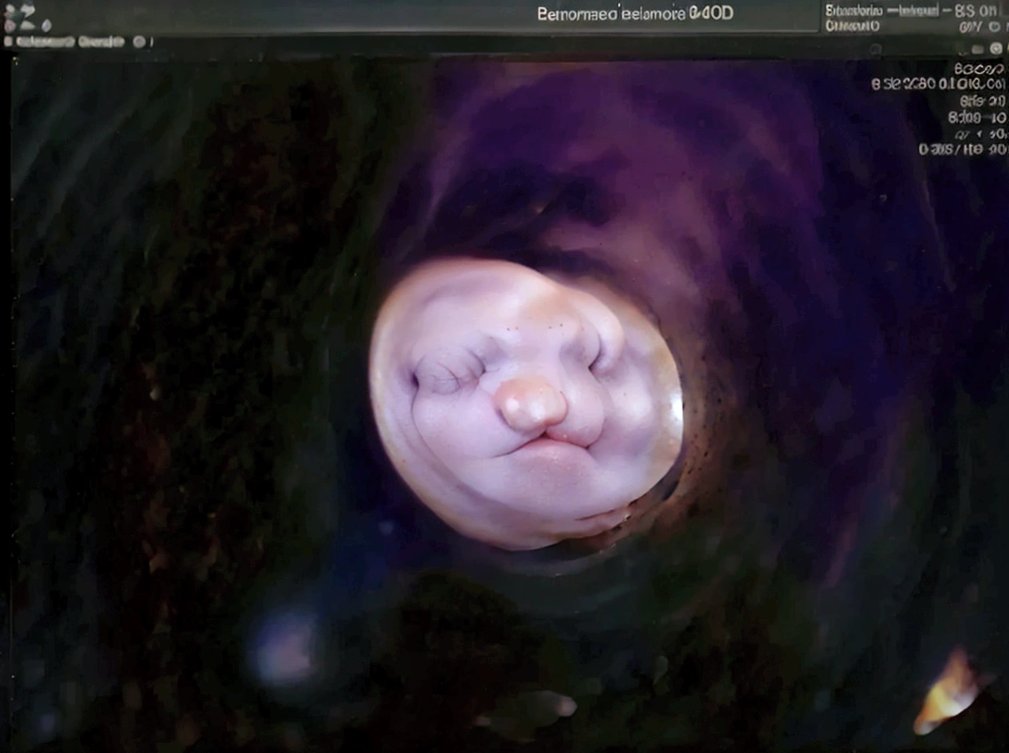 Enhance this 4D ultrasound image of a 34 weeks fetus. Arafed image of a baby's face, fetus, high-resolution scan, Very chromatic aberration, extremely high-quality scan, Hyper-realistic simulation, high-quality scan, Bump mapping, High-quality 3D realism, simetry! human fetus, Realistic flesh texture, Heavy JPEG artifact blurred, Highly realistic bump mapping, high-resolution scan. A close-up image of a head with an image of a 34 weeks fetus, high-resolution scan, high-resolution scan, Escaneo 4K, Escaneo 4K, Escaneo HD, fetus, Close - IP shot, Tapa de pantalla, Medical imaging, Highly coherent image, Detailed analysis, screen capture, extremely high-quality scan, 8K scan, 8K scan, Detailed screen capture. face in profile. eyes closed