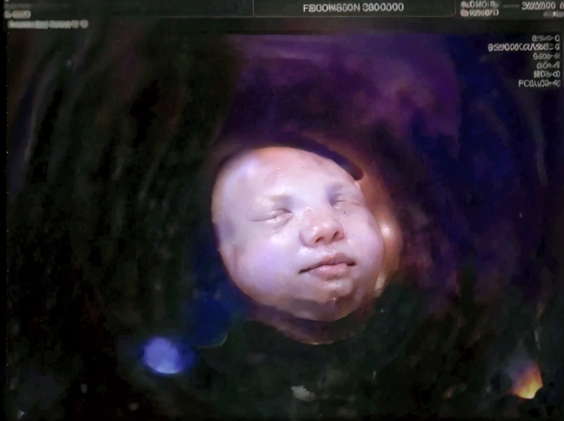 Enhance this 4D ultrasound image of a 34 weeks fetus. Arafed image of a baby's face, fetus, high-resolution scan, Very chromatic aberration, extremely high-quality scan, Hyper-realistic simulation, high-quality scan, Bump mapping, High-quality 3D realism, simetry! human fetus, Realistic flesh texture, Heavy JPEG artifact blurred, Highly realistic bump mapping, high-resolution scan. A close-up image of a head with an image of a 34 weeks fetus, high-resolution scan, high-resolution scan, Escaneo 4K, Escaneo 4K, Escaneo HD, fetus, Close - IP shot, Tapa de pantalla, Medical imaging, Highly coherent image, Detailed analysis, screen capture, extremely high-quality scan, 8K scan, 8K scan, Detailed screen capture. face in profile. eyes closed