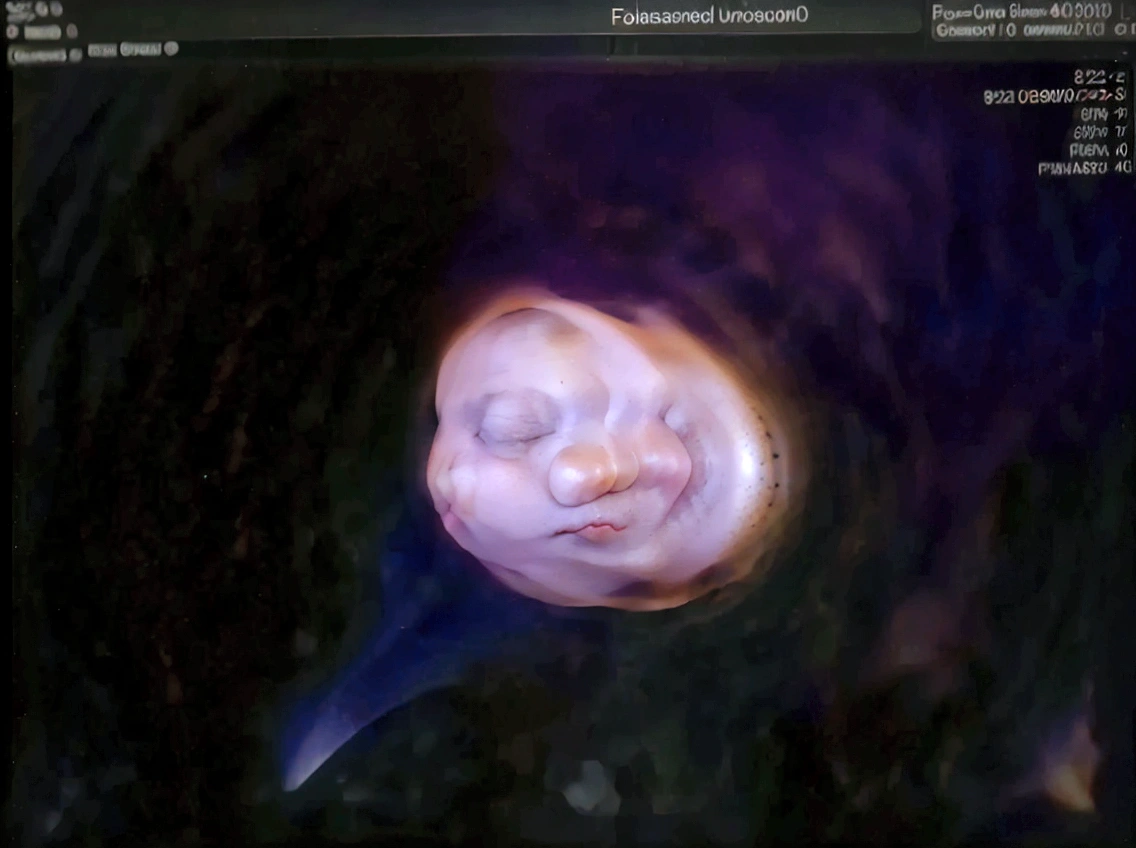 Enhance this 4D ultrasound image of a 34 weeks fetus. Arafed image of a baby's face, fetus, high-resolution scan, Very chromatic aberration, extremely high-quality scan, Hyper-realistic simulation, high-quality scan, Bump mapping, High-quality 3D realism, simetry! human fetus, Realistic flesh texture, Heavy JPEG artifact blurred, Highly realistic bump mapping, high-resolution scan. A close-up image of a head with an image of a 34 weeks fetus, high-resolution scan, high-resolution scan, Escaneo 4K, Escaneo 4K, Escaneo HD, fetus, Close - IP shot, Tapa de pantalla, Medical imaging, Highly coherent image, Detailed analysis, screen capture, extremely high-quality scan, 8K scan, 8K scan, Detailed screen capture. face in profile. eyes closed