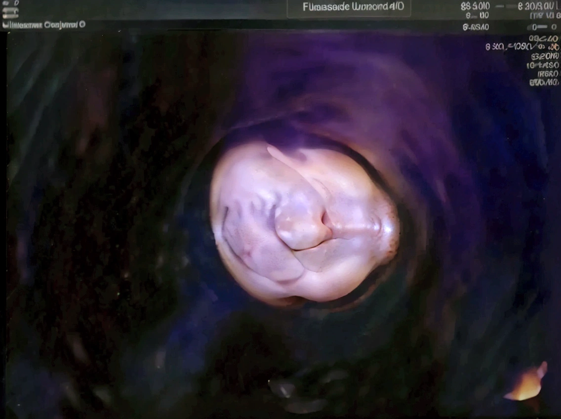 Enhance this 4D ultrasound image of a 34 weeks fetus. Arafed image of a baby's face, fetus, high-resolution scan, Very chromatic aberration, extremely high-quality scan, Hyper-realistic simulation, high-quality scan, Bump mapping, High-quality 3D realism, simetry! human fetus, Realistic flesh texture, Heavy JPEG artifact blurred, Highly realistic bump mapping, high-resolution scan. A close-up image of a head with an image of a 34 weeks fetus, high-resolution scan, high-resolution scan, Escaneo 4K, Escaneo 4K, Escaneo HD, fetus, Close - IP shot, Tapa de pantalla, Medical imaging, Highly coherent image, Detailed analysis, screen capture, extremely high-quality scan, 8K scan, 8K scan, Detailed screen capture. face in profile. eyes closed