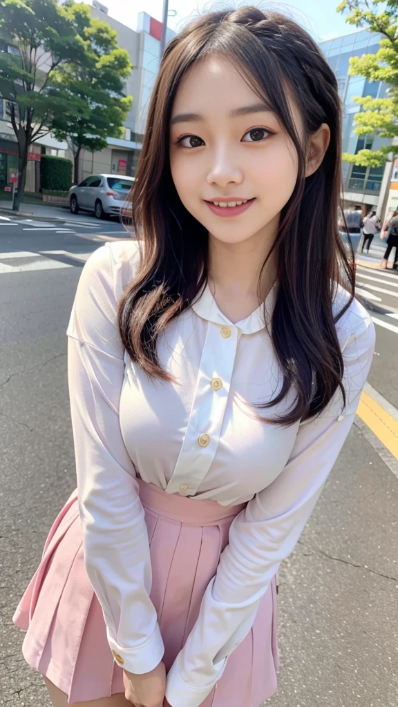 Raw photo、Ultra-realistic、Ultra detailed face、Detail lips、Detailed eyes、High school girl smiling showing her teeth、Long Hair:1.1、chest、Visible curves、Laughing with your mouth open 、Tokyo city角、 Whole body、( Slender body)、(Long Hair)、Big Breasts、Idol、(pastel colour)、18-year-old、Small face、Braid、 Tokyo city、Long beautiful legs 1.2、Curved waist、flower、uniform、blouse、Wide forehead