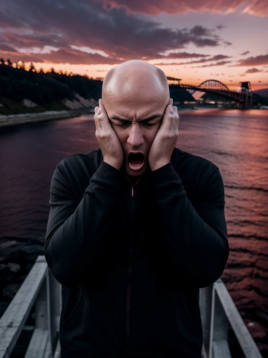 (8K, photo, ultra realistic photo), 1 man, bald, dressed all in black, (fingers covering ears:1.5), (screaming:1.5), (eyes opened: 1.5), terrified, on a bridge over the sea, in-depth view of the bridge, (under a red sky:1.5). background: two shadows in the distance, staggering against the railing of a bridge, bridge overlooking the sea roiling as if in spasm, dark blue mountains contrasting with the fiery red sky