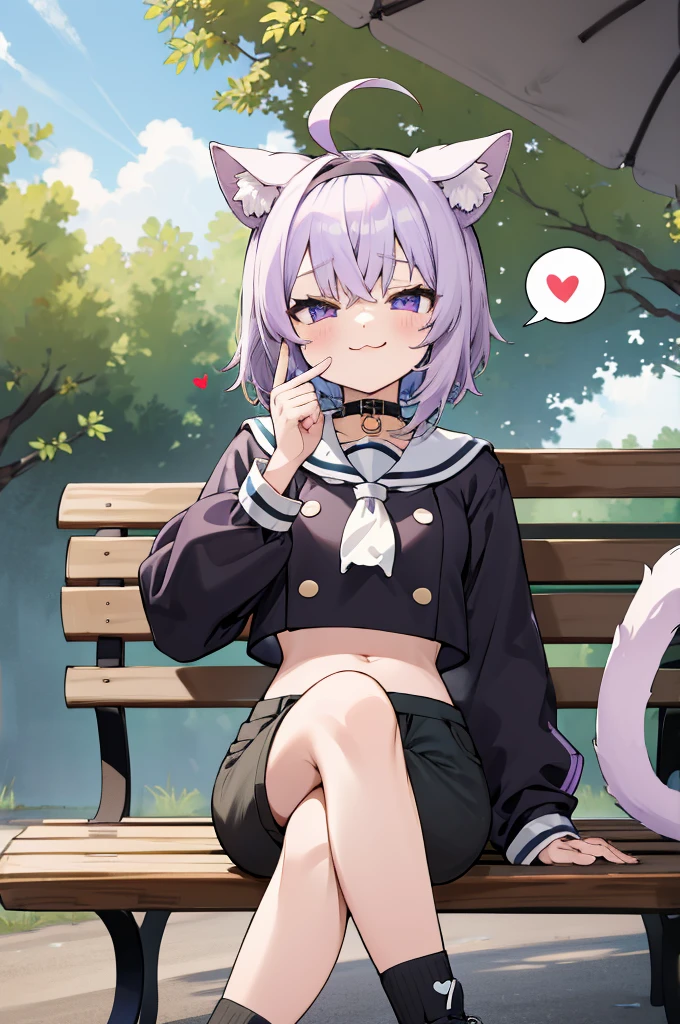 masterpiece, best quality, highres, aaokayu, short hair, purple hair, ahoge, black hairband, animal ears, cat tail, sailor collar, neckerchief, black shirt, midriff, button, white shorts, sitting, outdoors, bench, black socks, shoes, crossed legs,,spoken heart,***,(petite), 