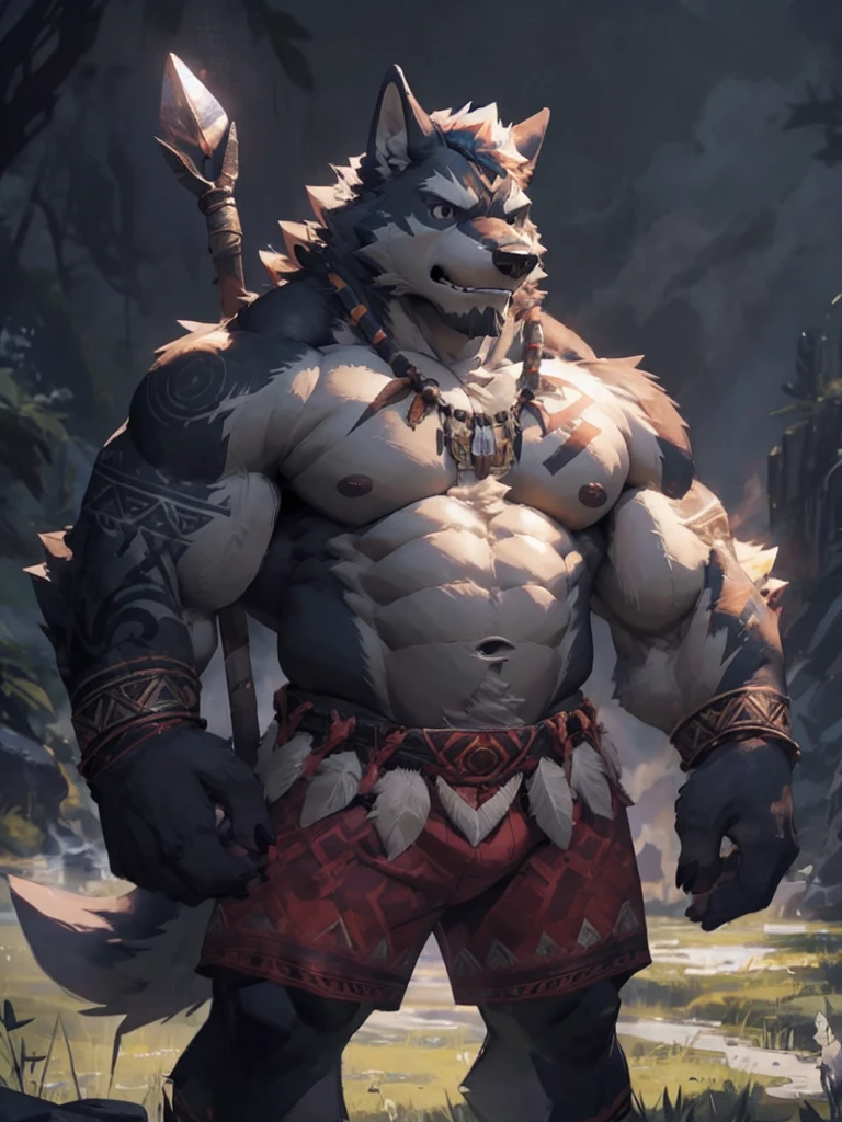 furry character,A very tall and strong wolf,His upper body was naked and his lower body was dressed in woven grass shorts,He held a spear in his hand,His body was adorned with the trappings of nomads,He has a primitive tribe totem tattooed on his body,He had a serious expression on his face,He's the chief of the tribe,The background of the picture is grassland,(black eyes:1.5),by null-ghost,by lindong