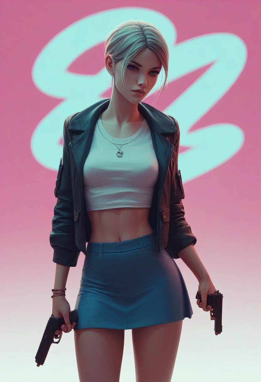 girl in a very short skirt, in neon background, holding a pistol with a silencer, 3D wallpaper for phone.