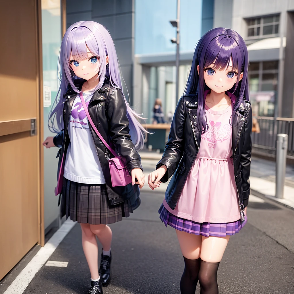 Elementary school girl,smile,Best Quality,8K,Highest quality,cute,future fashion、Evolution Fashion,fluffy,Angel,Long Hair,leather jacket,blue eyes,美しいcute女の子,Horny girl,Purple hair color,Latest Fashion,Girl,Loli girl,