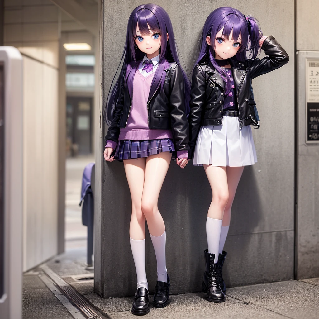 Elementary school girl，smile，Best Quality，8K，Highest quality，cute，future fashion、Evolution Fashion，fluffy，Angel，Long Hair，leather jacket，blue eyes，美しいcute女の子，Horny girl，Purple hair color，Latest Fashion，Girl，Loli girl，