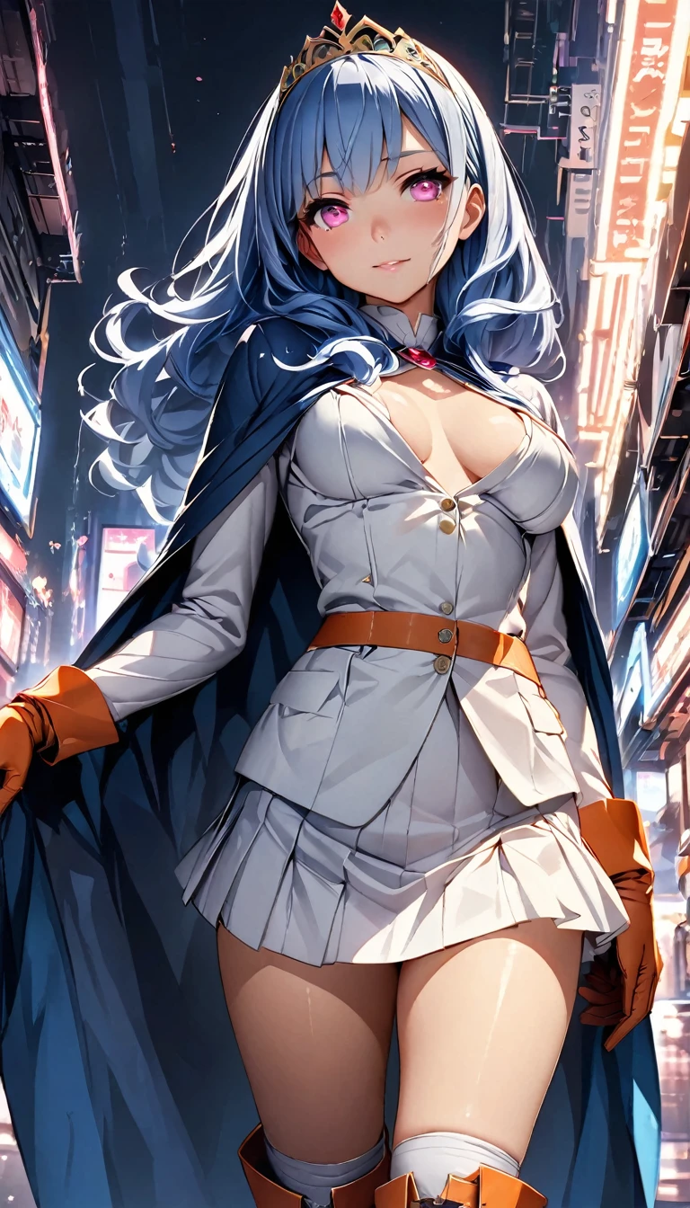 (Perfect Anatomy)、Mastepiece、Ultra High Quality、 8K、masterpiece、Highest quality、Ultra-high resolution、Maximum resolution、Very detailed、Professional Lighting、anime、woman、thin、so beautiful、Highly detailed eye、Highly detailed face、Blue Hair,、Pink eyes、Mid-chest, DQⅢ、sage、White Body Con Mini Skirt、Blue turtleneck cape、Long orange boots、Orange long gloves、A tiara with red round gemstones