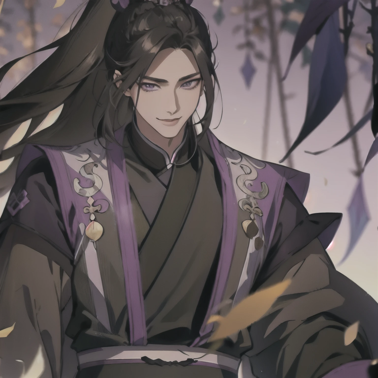 (masterpiece, best quality:1.2), 1male, solo, jiang cheng, mo dao zu shi, mdzs, purple and black clothes, purple eyes, long black hair, perfect anatomy, happy, smile