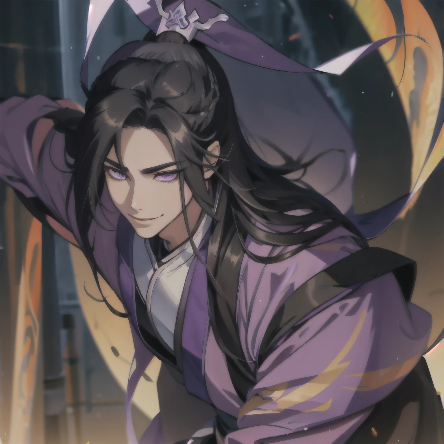 (masterpiece, best quality:1.2), 1male, solo, jiang cheng, mo dao zu shi, mdzs, purple and black clothes, purple eyes, long black hair, perfect anatomy, happy, smile