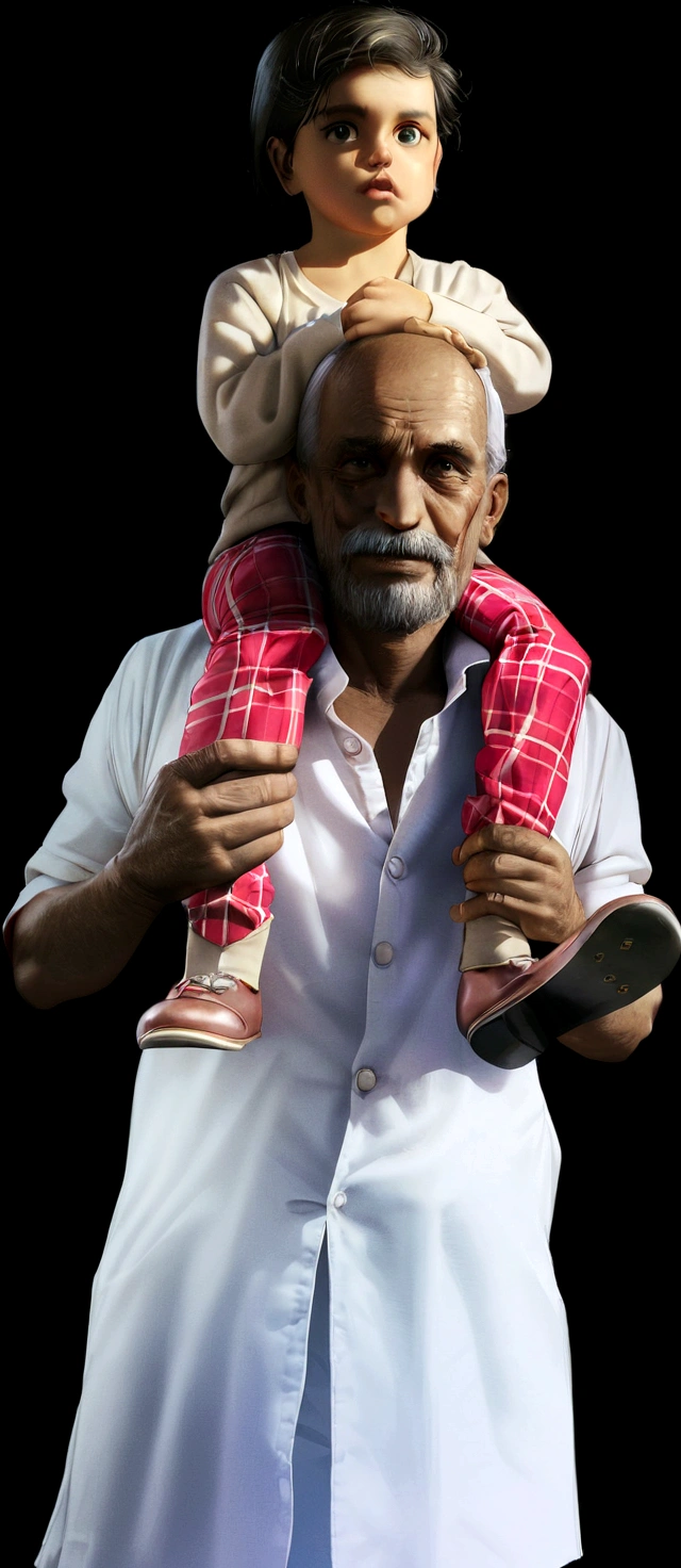 there is a man holding a on his shoulders, inspired by Bapu, by Bapu, by Bholekar Srihari, father with , by Ingrida Kadaka, father, an oldman, by Odhise Paskali, end of an era, by Ibrahim Kodra, inspired by Bholekar Srihari, vijay jayant props, old man