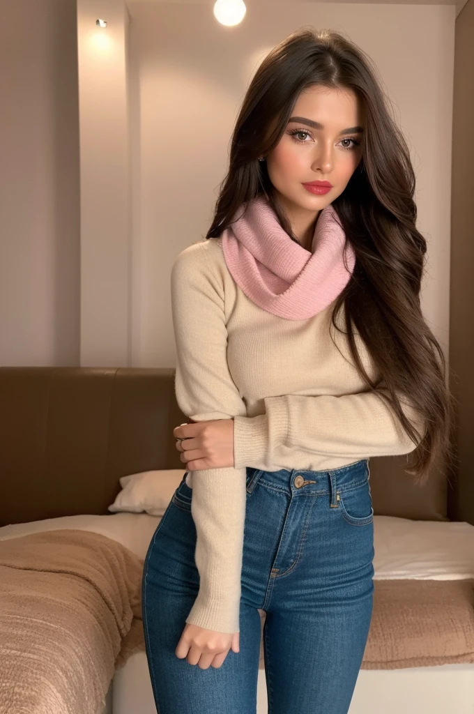 Photorealistic, best quality, hyper detailed, full-body picture. Gorgeous, pretty, warm-hearted, kind-hearted, good-hearted, stunning, cheerful, sweet, polite, sensitive, sensible, shiny, charming, alluring, dreamy, graceful, classy, stylish, flowing quite long brown haired armenian woman with the cutest face, skin, soft make-up, red lipstick, she is wearing a olive leather jacket, skinny denim trousers, a beige sweater, riding boots, and a pink scarf.