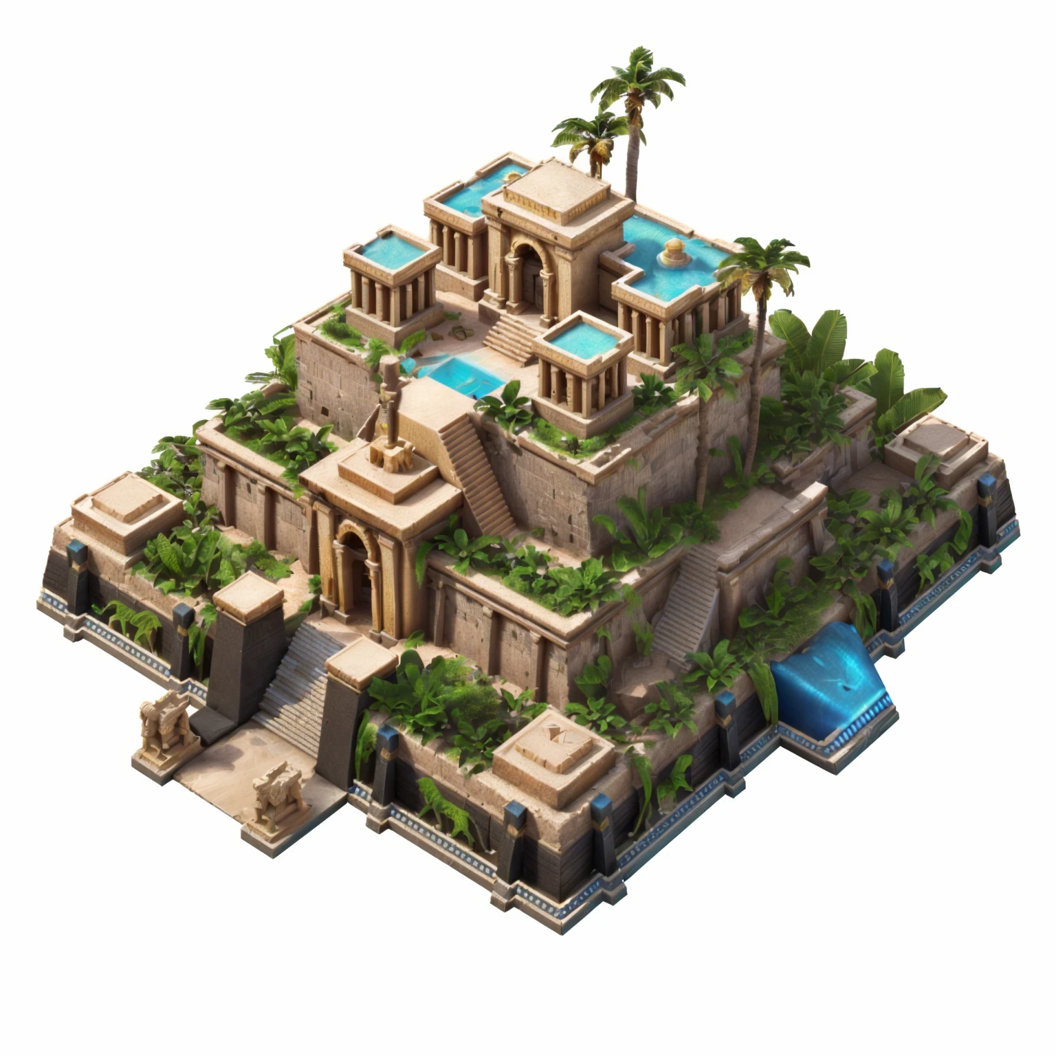 Close up of a small building with a swimming pool and palm trees, Ancient City landscape, isometric palace, Ancient Temple, Ancient City, isometric 8k, 3D rendering style, Isometric game assets, Egyptian Background, Desert Temple, Fortress Megastructure City, Isometric 3d fantasy island, Egyptian Environment, Colorful city, 3D Video Game Rendering