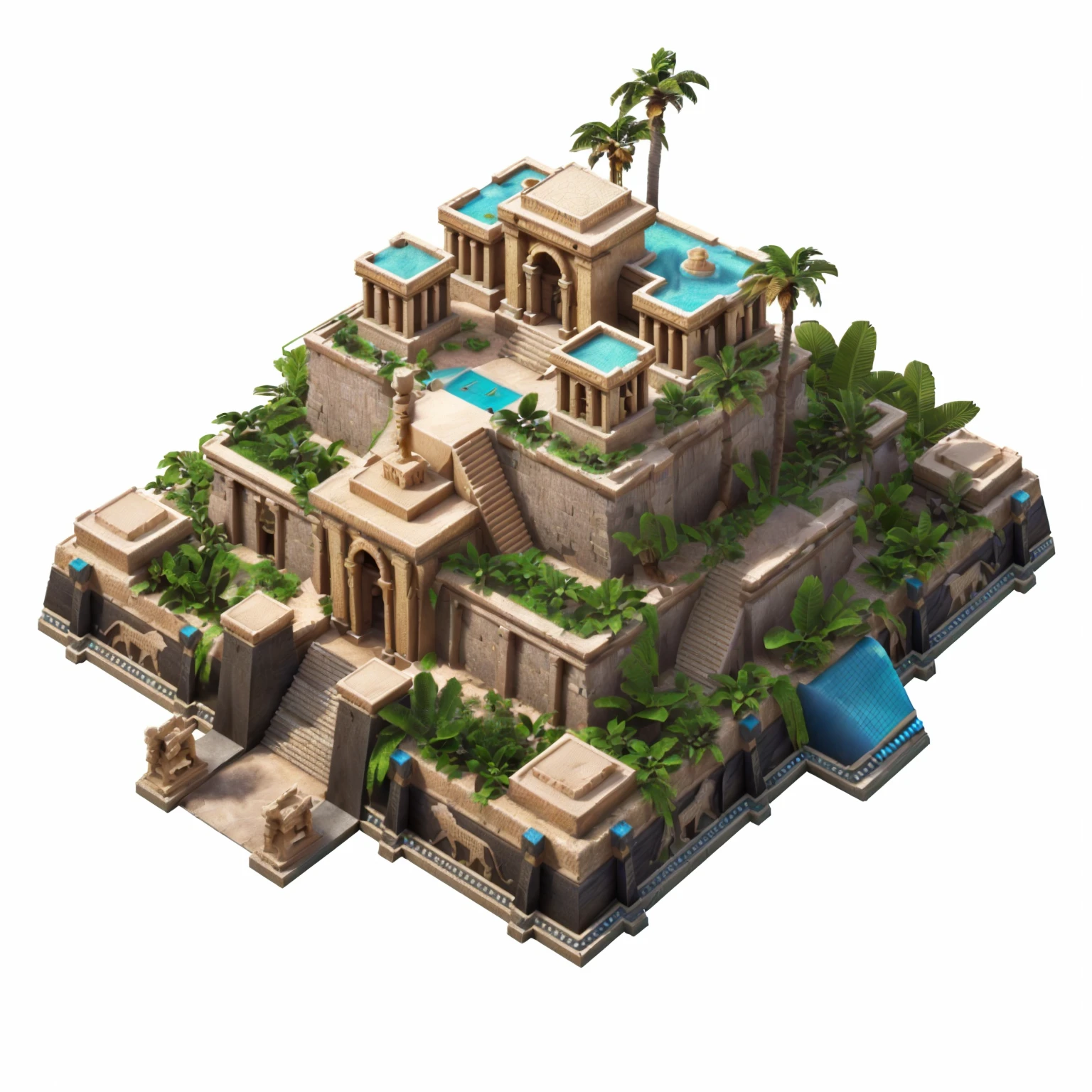 Close up of a small building with a swimming pool and palm trees, Ancient City landscape, isometric palace, Ancient Temple, Ancient City, isometric 8k, 3D rendering style, Isometric game assets, Egyptian Background, Desert Temple, Fortress Megastructure City, Isometric 3d fantasy island, Egyptian Environment, Colorful city, 3D Video Game Rendering