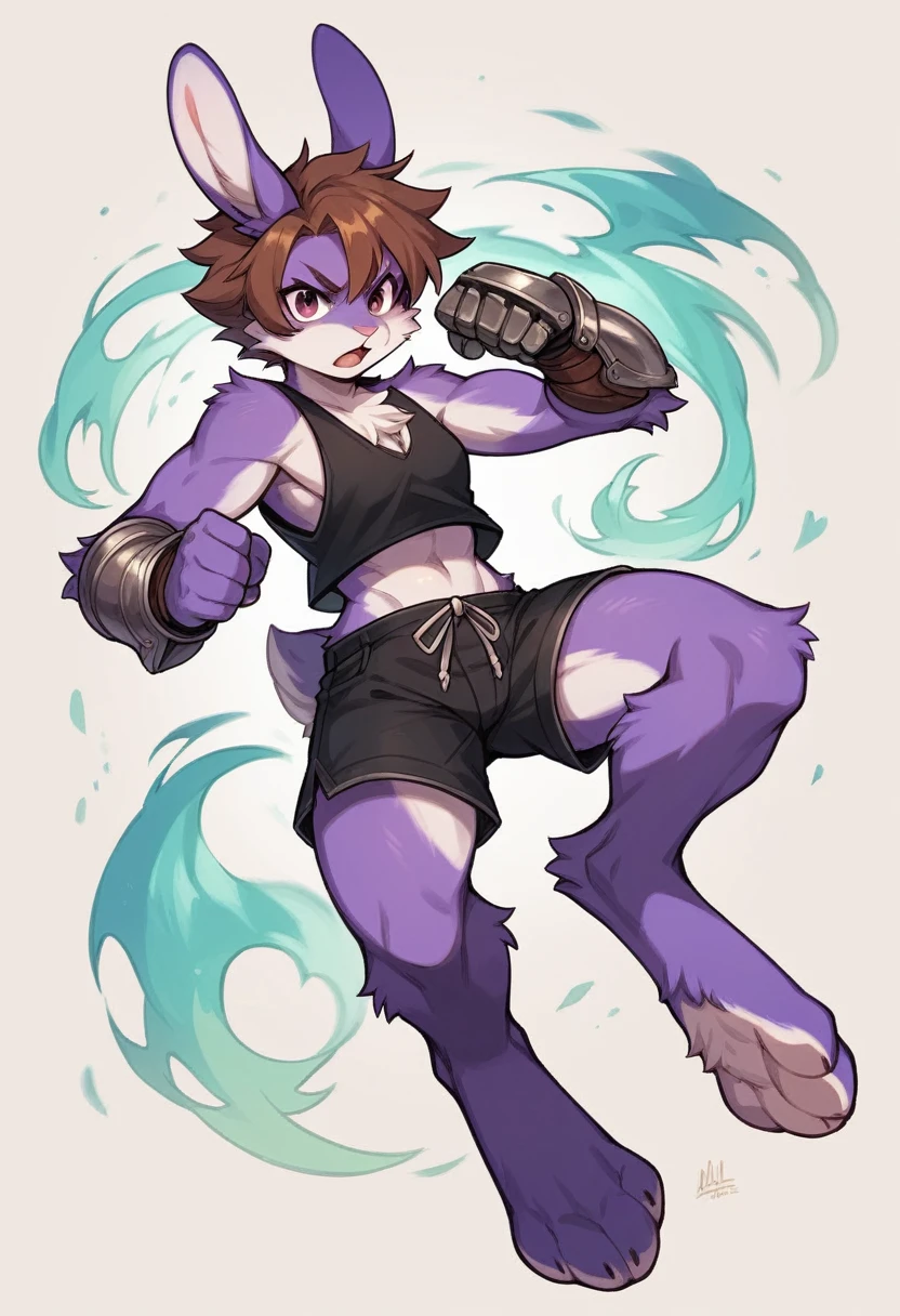 create a picture of a half rabbit character with purple giant rabbit digitigrade legs with white paws, put purple rabbit ears on top of her head, make her wearing black shorts and a black athletic tank top and metal gauntlets, put purple fur on her arms from her elbows down, give her short brown hair, make her legs look fluffy and furry, make her look like she’s doing a powerful leaping kick, make it in an anime style