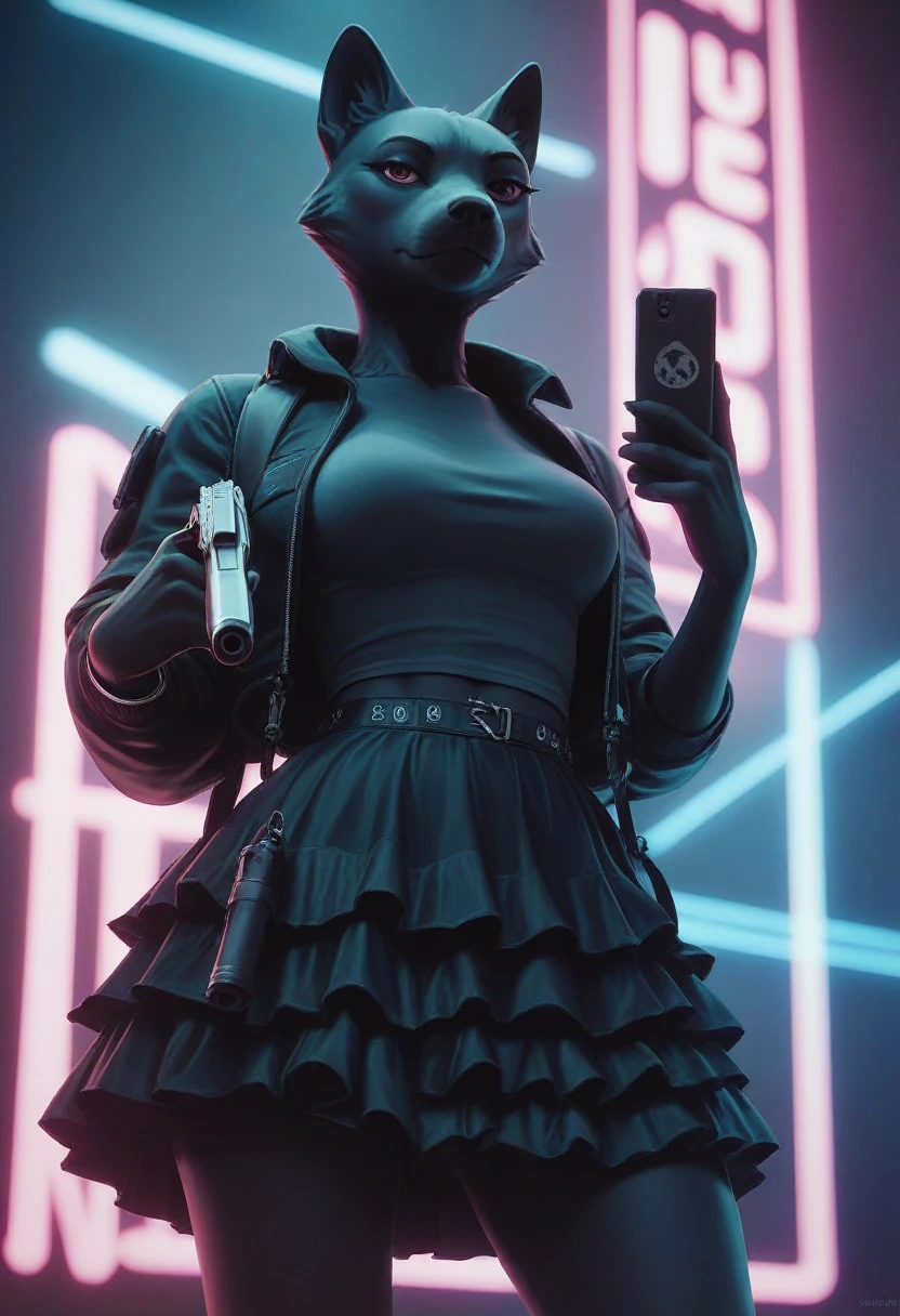 Girl in a black fluffy skirt, in neon background, holding a pistol with a silencer, 3D wallpaper for phone.