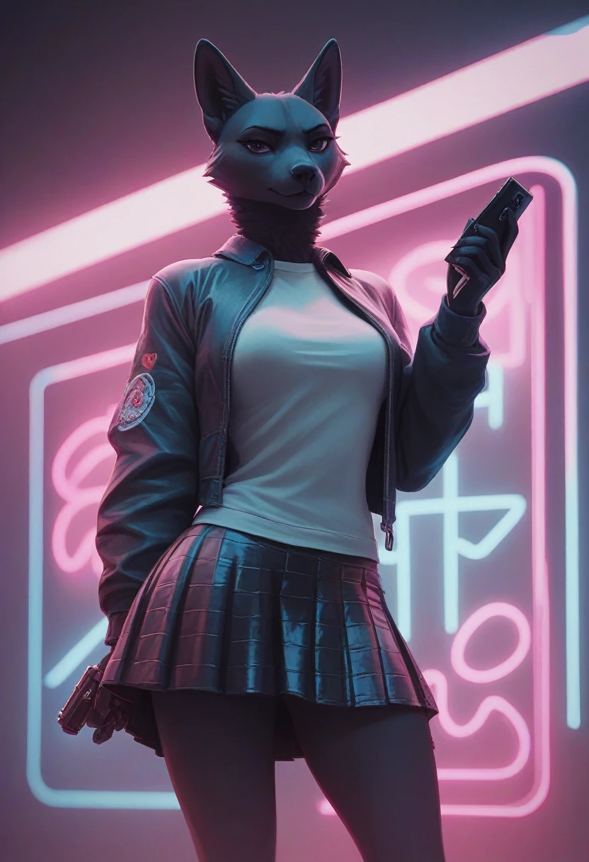 Girl in a black fluffy skirt, in neon background, holding a pistol with a silencer, 3D wallpaper for phone.