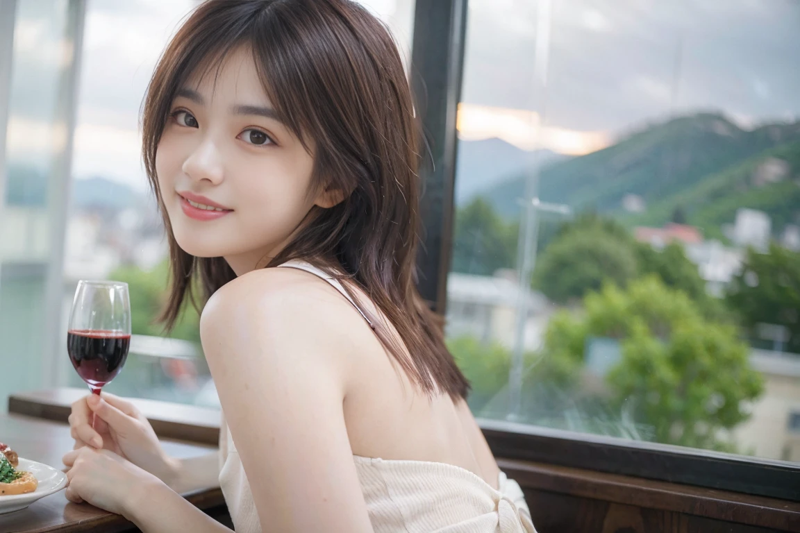 ((Highest quality、8K、masterpiece:1.3))、focus:1.2、Beautiful woman perfect body:1.4、fit body、((Bob Hale、Straight hair:1.2))、(to be born, Highest quality, masterpiece:1.5), (Realistic, Intricate details:1.2), Wine Glass on the Table、Shine light on your face、 Amazing view of the sunset sky and clouds、Amazing mountain views、A bright smile、A lovely woman with a smile、Bright image、2. The beauty of wine, Beautiful Face, blue eyes, The light shines on your face, Blushing, short hair,Bright Face、red wine 、Appetizers、Italian food、Wine bottle、champagne、sparkling wine、Two beauties、Brown Hair、Shortcuts、midi dress、Beautiful woman 1, (Slim face), (The body is slim), (Brown Hair), (Shortcuts), cheeks turn a little red,Attractive beauty, Kodak film fine grain, Depth f/1.5, saturation, High Contrast, back lighting ,Moist Body:1.5、detailed eyes、Brown Hair、shinny hair