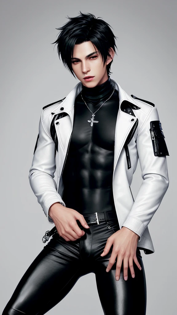 Final fantasy taste and reality graphics, Japanese young cute and cool ikemen boy, his age is early 20s, thin eyebrows and beady eyes, he wearing off white color leather thick singlebrest biker jacket, with epaulet, must close the front of the leather jacket, jacket is biker style, , jacket collar is high length stand-up collar with belts, jacket is a little black line pattern,close the front of the jacket, also wearing black thick turtleneck lackluster shirts, tight black leather pants, shiny black leather tight and thin glove, black leather knee-high raceup boots,must views head-to-toe,must views whole body, boy looks like fashion model,Do not show skin from the neck down,leather jacket leather glove and leather pants have few wrinkles,boy in the room,