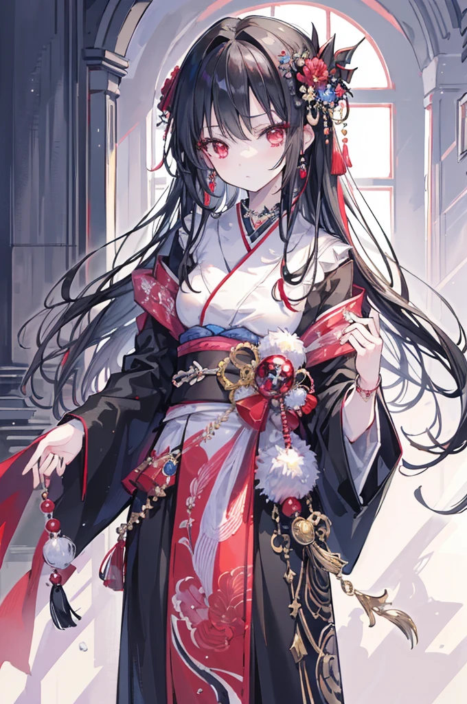 ((masterpiece)), ((Highest quality)), ((High resolution)), ((In detail))、Anime style girl、Black Hair、Long straight hairstyle、Black kimono、Red eyes、Sharp Eyes、Cold expression、beautiful、Prayer bead bracelet