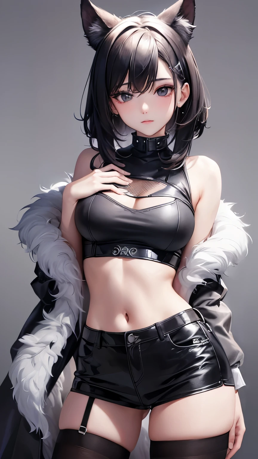 1 girl, Chapped lips, blush, make up, light smile, black fur, Red eyes, crop top, Skirt, Light rays, glow, Thighs, clavicle, narrow waist, (Masterpiece), wallpaper,