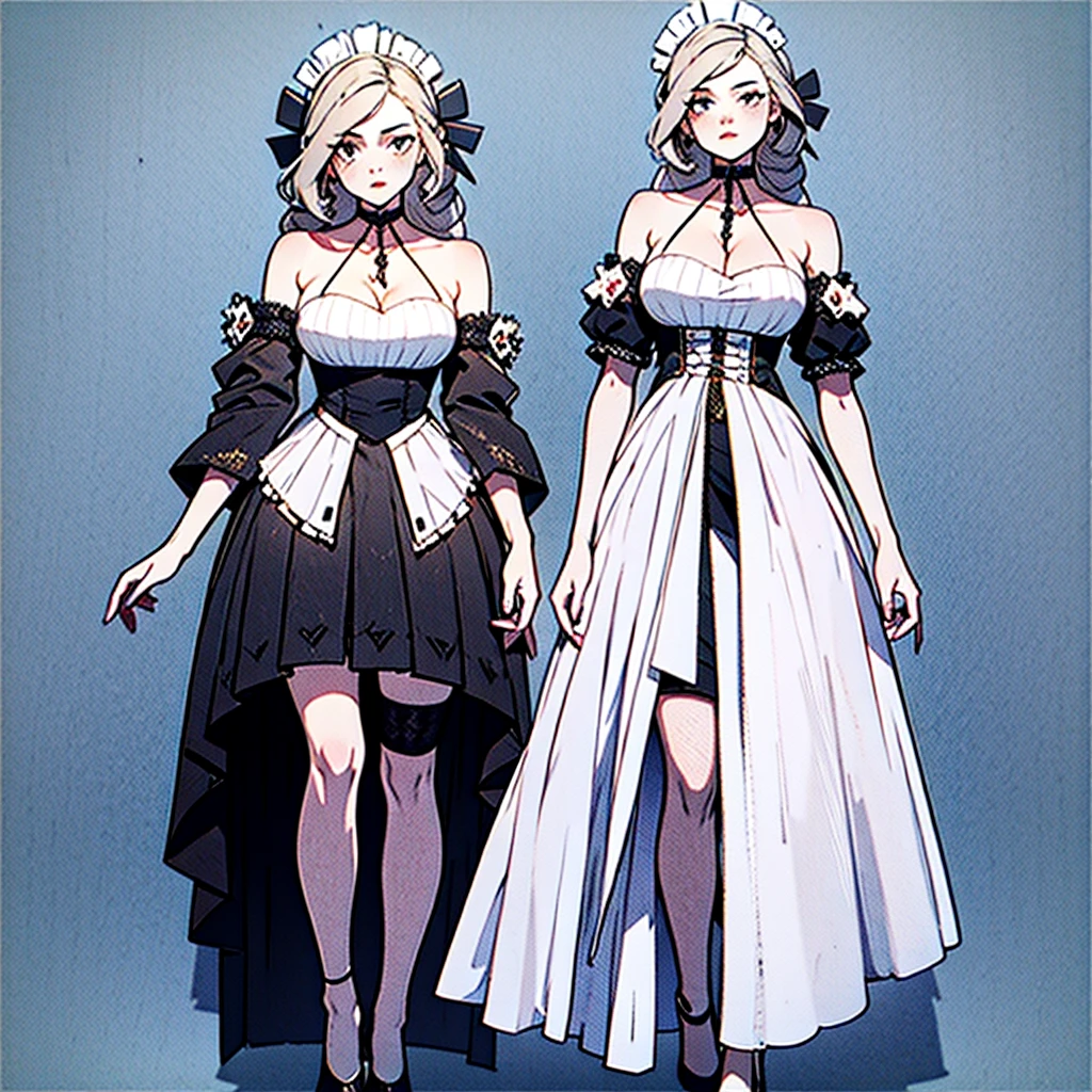 ((best quality)), ((masterpiece)), (detailed),  , high quality, best quality, masterpiece, (Very detailed:1.2), (Extremely detailed:1.3),, Bare shoulders, ，Cleavage, ，Maid costume，character setting，full-body shot，A girl