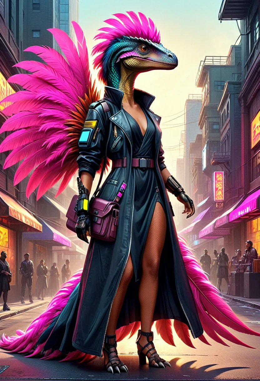 Velociraptor in high-fashion cyberpunk attire, full-body portrait, cyberpunk Dino fashion, digital painting, long dress with pink colossal feathers, background is a street in the dinosaur world, dressed dinosaurs are going about their business, oversized eyepieces, visible holster, warm color palette, meticulously detailed face in clear focus, precise anatomy, high contrast, cinematic quality, high resolution, neon owing to ultra-real. High Resolution, High Quality , Masterpiece