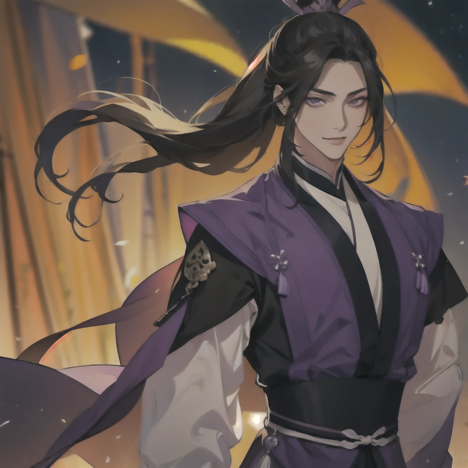 (masterpiece, best quality:1.2), 1male, solo, jiang cheng, mo dao zu shi, mdzs, purple and black clothes, purple eyes, long black hair, perfect anatomy, happy, smile