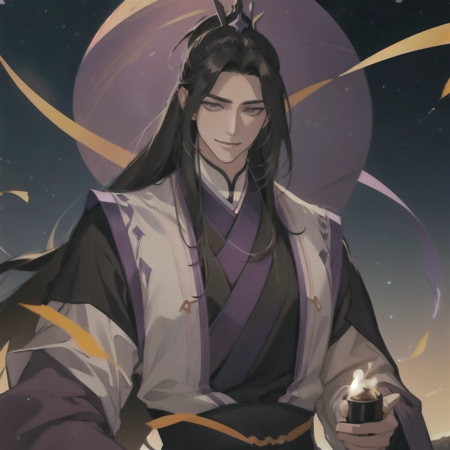 (masterpiece, best quality:1.2), 1male, solo, jiang cheng, mo dao zu shi, mdzs, purple and black clothes, purple eyes, long black hair, perfect anatomy, happy, smile