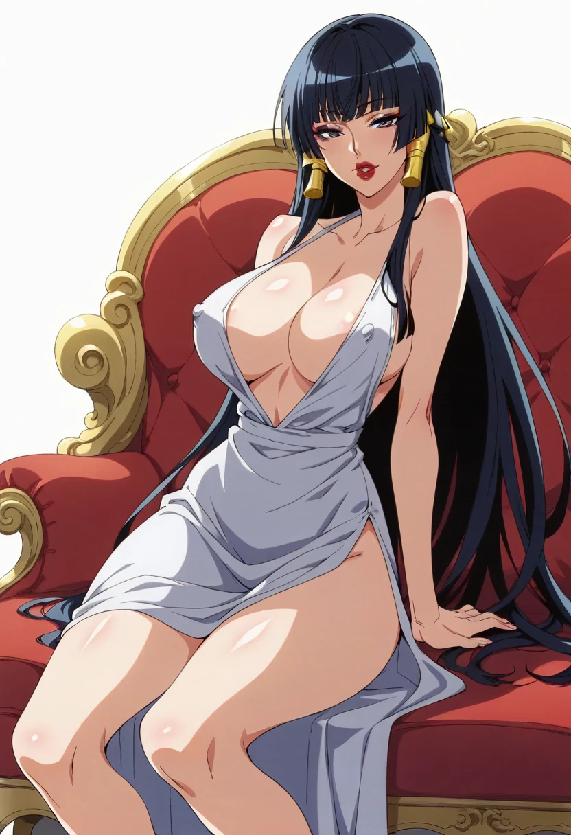 score_9, score_8_up, score_7_up, BREAK,official art,source_anime, rating_explicit, megami magazine, anime screencap, BREAK 1girl, nyotengu, olumetric lighting, dynamic shading, 1woman, sexy, seductive, alluring, mature, thick eyeliner, dark eyeshadow, big eyes, eyes half open, full lips, lips parted, thin waist, large breasts, erect nipples, BREAK silver dress, knee length dress, plunging neckline, long legs, sitting, lounging, leaning back, close up, stiletto pumps, dark eyeshadow, full lips, red lipstick, high resolution, jewelry
