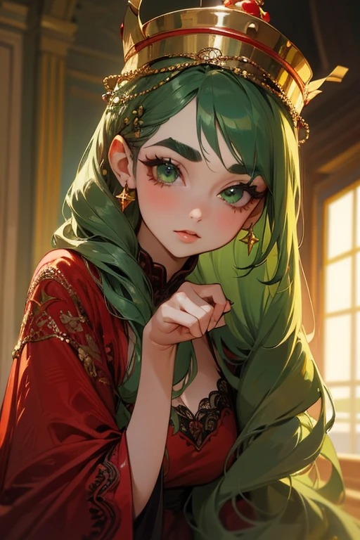 (Highest quality, masterpiece:1.2), High resolution, Very detailed, Realistic:1.37, Fantasy, An illustration, Green Eyes、Queen, Red lace dress.Platinum decoration、beautifully、Eyeshadow Red、Thick eyebrows、Long eyelashes、pupils are black、Her hair is dark green、Gold crown、Kissing Face、Embarrassing、Beloved by the crowd、Hair is green、Braiding、hair ornaments、Cheesecake、