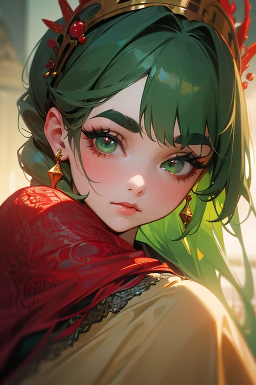 Sexy woman, black hair tied in a messy bun, amazing makeup, blushing intensely, flustered, lustful, perfect lips parted, black blouse, sheer dark green saree, hot
