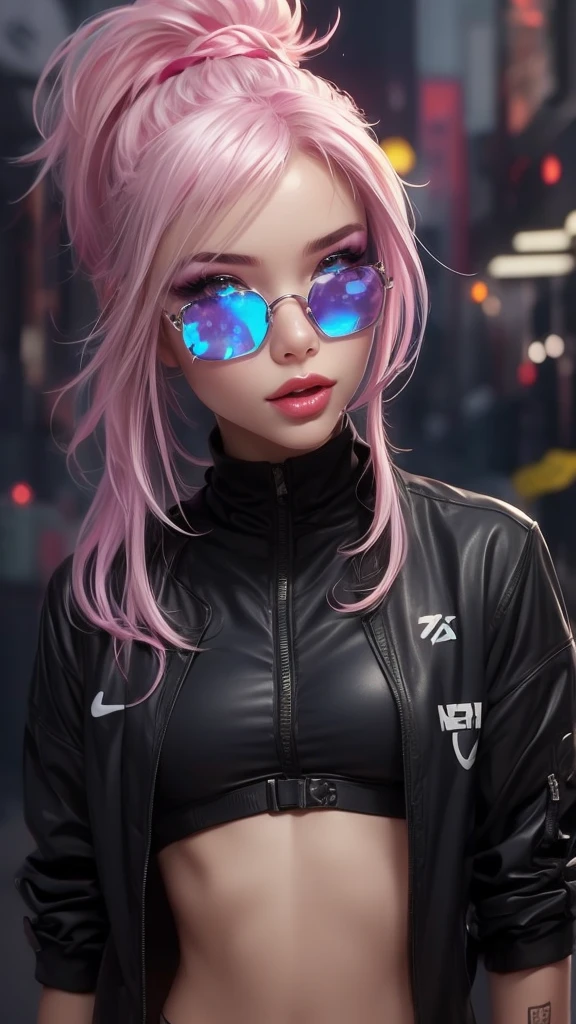 upper body, 1girl, li, solo, Eye focus,Masterfully crafted Glow, pink lens flare, Cinematic background,colourful, hyper details, hdr, ultra detailed eyes, mature, plump, rainbow painting drops,(supermodel:1.3), indoors, (bioluminescent hair:1.1),(glowing eyes), ((makeup)), fierce, powerful, splashes of colour absolutely eye-catching, dynamic angle, beautiful detailed glow, ambient occlusion, ambient light, raytraced reflections, retro style, living arcade characters, arcade style world, gloves, jacket,weapon, shorts, black gloves, black jacket, drill hair, black shorts, eye wear on head, bubble blowing, chewing gum, (Cute face:1.3),