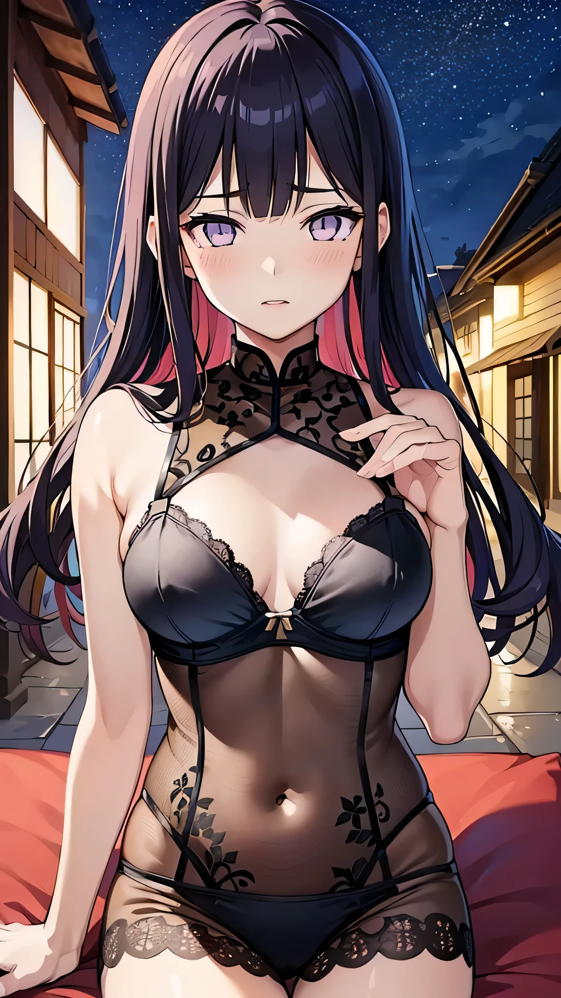 Masterpiece, top quality, best quality, official art, beautiful and aesthetic, anime, 1girl,extremely detailed, colorful, more detailed ((ultra-detailed)), (highly detailed CG illustration),(small breast:1.2),hyuuga hinata, Chinese dress,cleavege, showing bra, lace bra,upper body, in middle,bend over, village,night,stars.