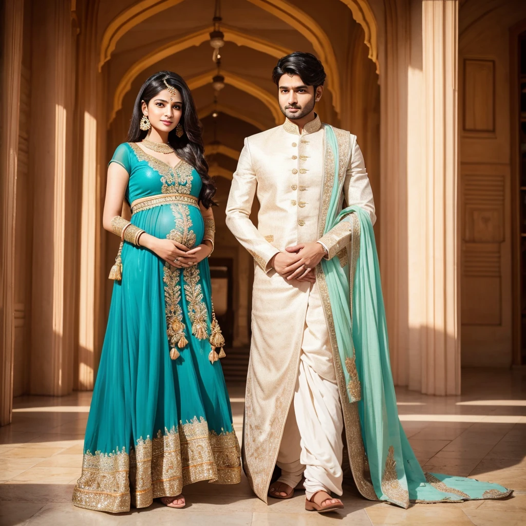 Beautiful indian couple make the woman pregnant, wearing indian dress