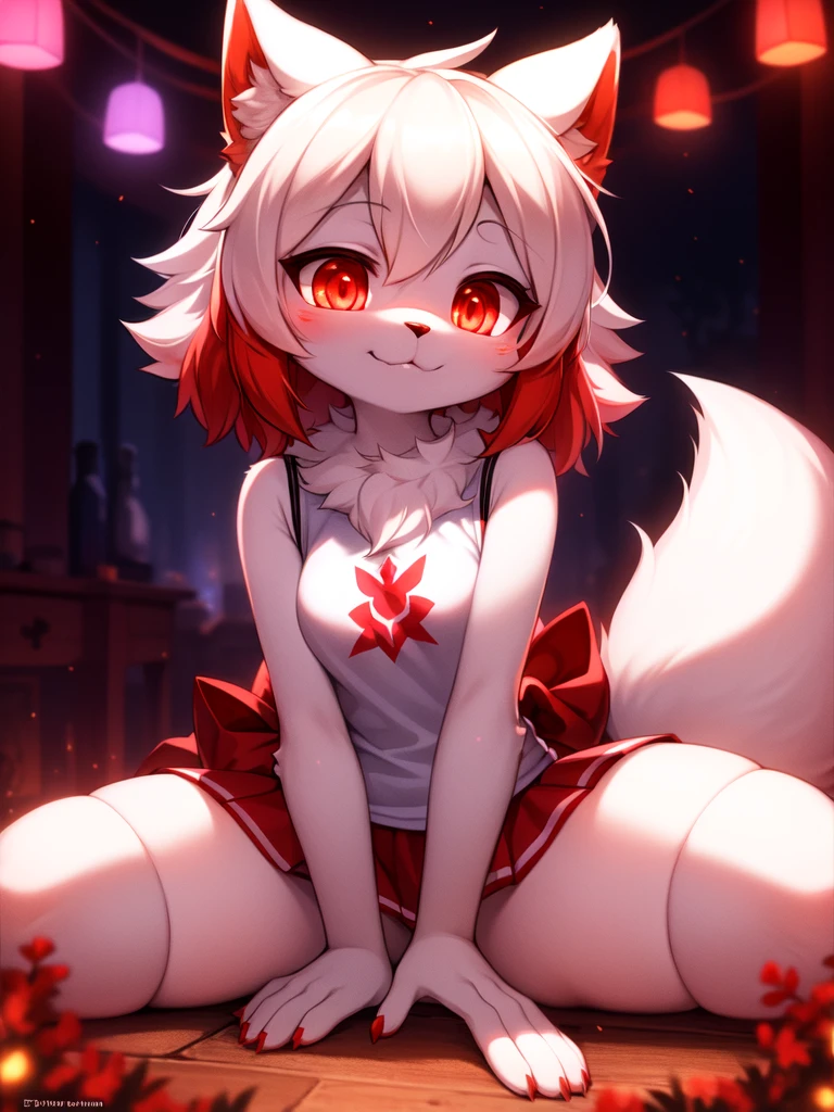 furry, white fur, ultra cute face, red elements on fur, glowing t-shrt, beautiful lights and shadows, ambient light, ultra detailed fur, volumetric light