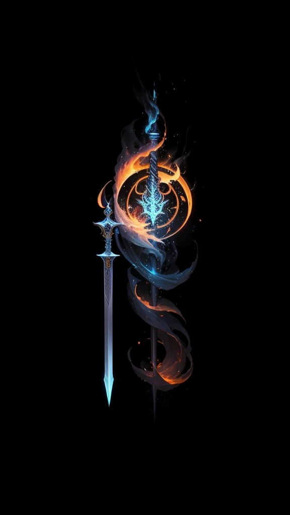 An enchanting image of an enchanted item, such as a sword, glowing with a powerful aura of fire. The sword wielder's eyes glow with an ethereal light, and a swirling mist forms on the blade's surface. The surrounding area is filled with a dense, warm, bluish-white mist, with a few scattered sparks and pebbles flying in all directions. telephoto lens, high ISO, vivid colors