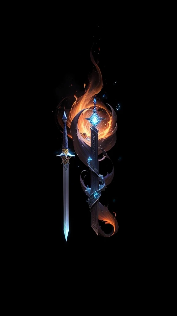 An enchanting image of an enchanted item, such as a sword, glowing with a powerful aura of fire. The sword wielder's eyes glow with an ethereal light, and a swirling mist forms on the blade's surface. The surrounding area is filled with a dense, warm, bluish-white mist, with a few scattered sparks and pebbles flying in all directions. telephoto lens, high ISO, vivid colors