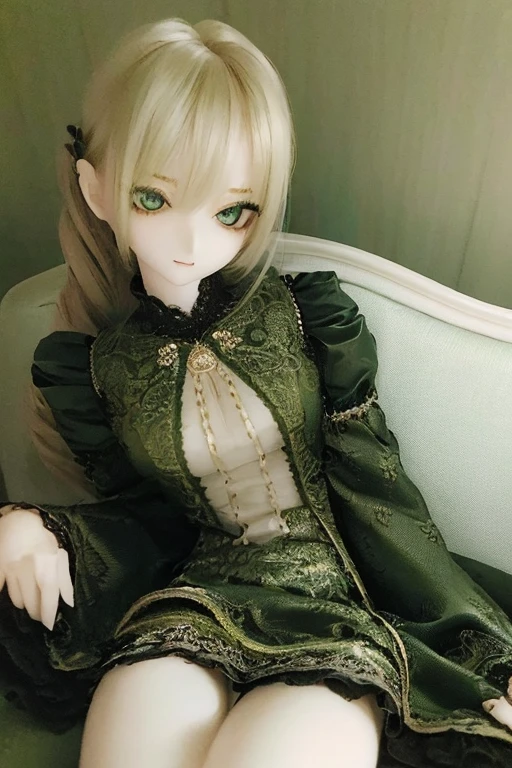 photorealistic, realistic photo, ((highest quality)), ((masterpiece)), (extremely detailed), kukolnydom, doll, (mature woman:1.6), solo, skinny, slender, sitting on sofa, green eyes, almond eyes, eyeliner, mascara, (reclining on sofa, looking away, blank eyes, empty eyes, detailed eyes:1.3), (light smile), dress, museum, 8k